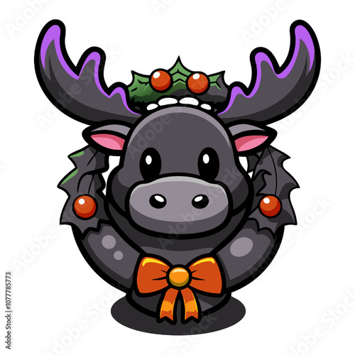 Cute Christmas Moose Cartoon: Festive and adorable, this cartoon moose is decked out in holiday cheer with a holly wreath and a bright red bow. Perfect for holiday cards, decorations, and branding!