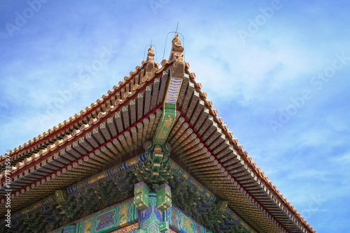 Roof design of the building structure in Forbidden City China. Close up view.