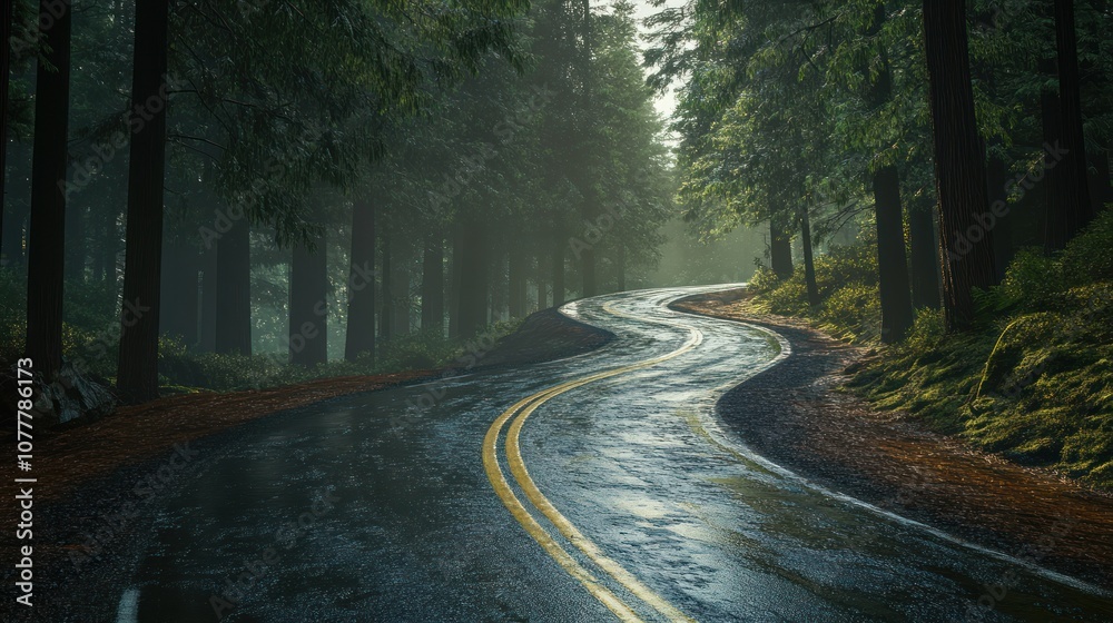 Obraz premium Winding Road Through a Misty Forest
