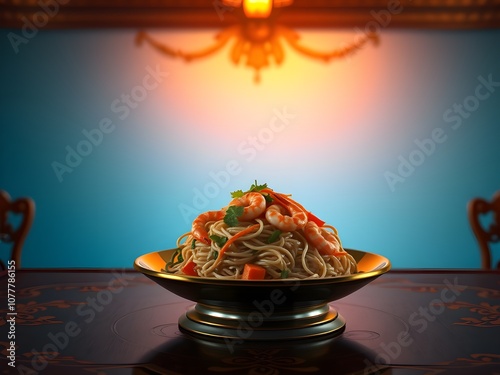 Spicy Spaghetti food on the dish and clean table.