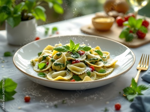 Pesto Ravioli on the dish and clean table.