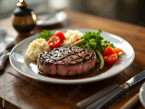 Steak and vegetable on the dish and clean table.