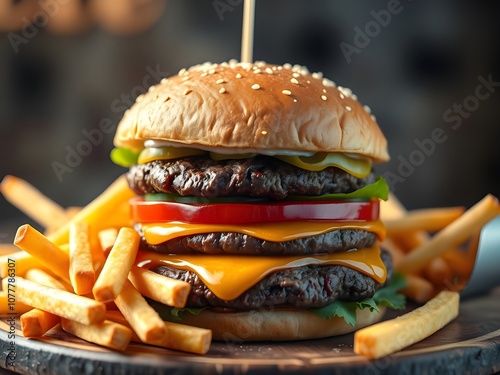 Hamburger and French fries on the dish and clean table.