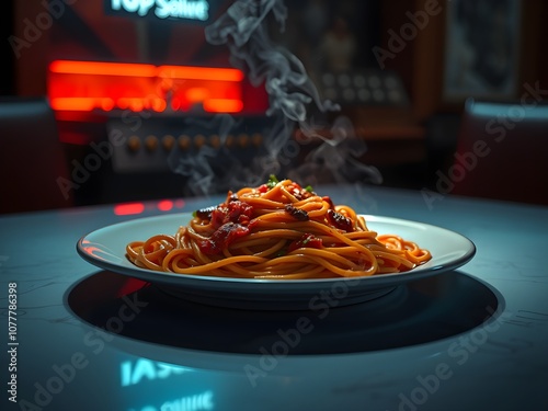 Spicy Spaghetti food on the dish and clean table.