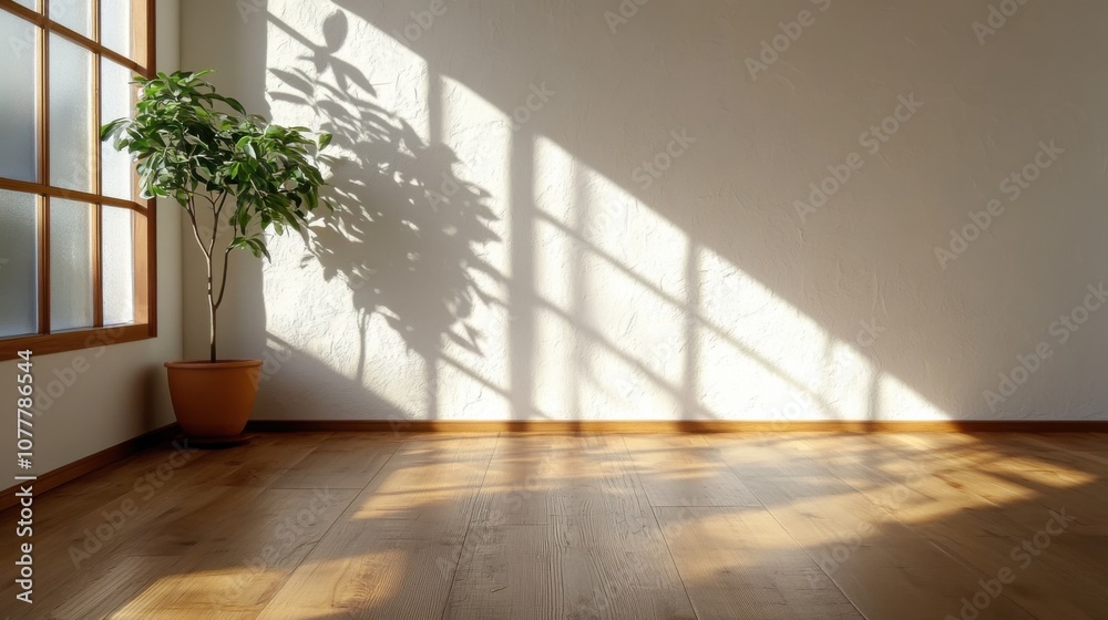 Obraz premium 質感のある白い漆喰壁と鉢植えの植物を備えたミニマルな日本のインテリア