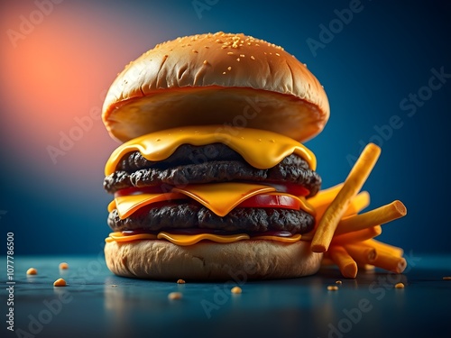 Hamburger and French fries on the dish and clean table.