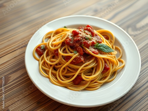Spicy Spaghetti food on the dish and clean table.