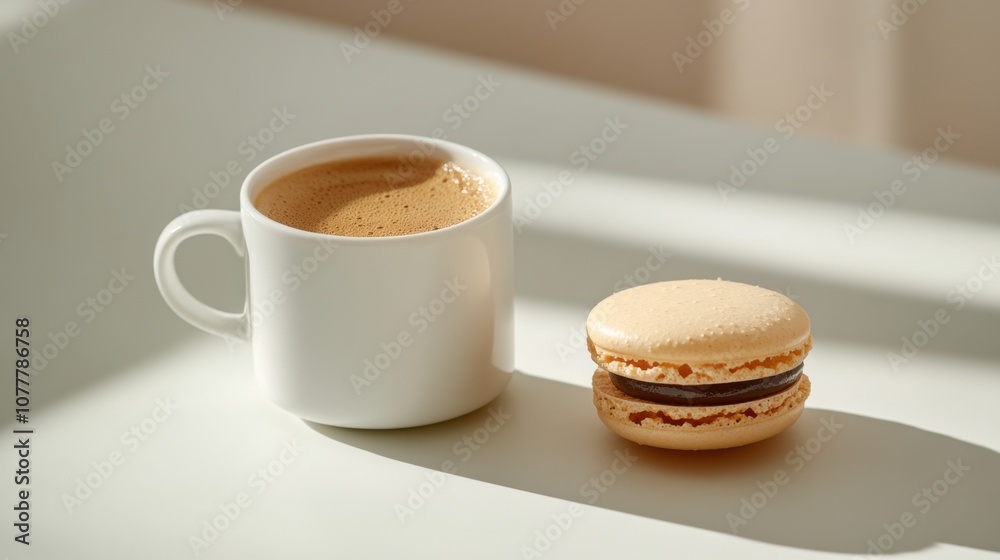 フランスの国民的お祝いのためのコーヒーとマカロンのミニマリストなフラットレイ フランスの国民的お祝いのためのコーヒーとマカロンのミニマリストなフラットレイ
