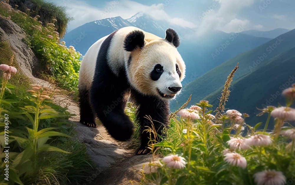 Fototapeta premium A giant panda walking through a vibrant landscape of flowers and mountains.