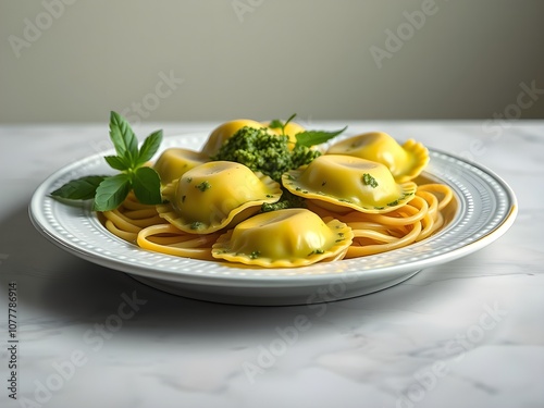 Pesto Ravioli on the dish and clean table.