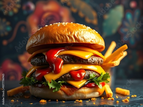 Hamburger and French fries on the dish and clean table.