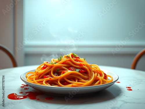 Spicy Spaghetti food on the dish and clean table.