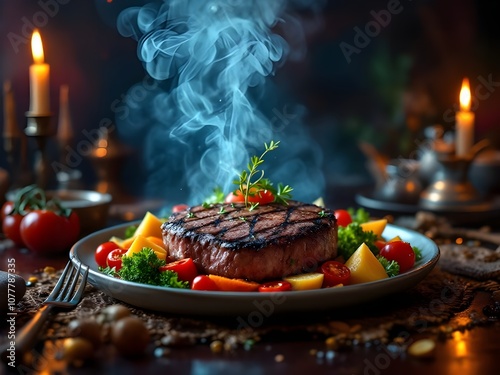 Steak and vegetable on the dish and clean table.