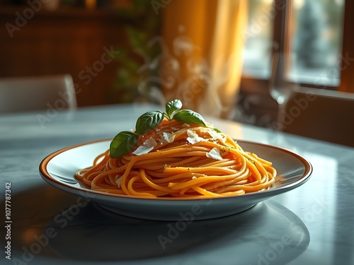 Spicy Spaghetti food on the dish and clean table.