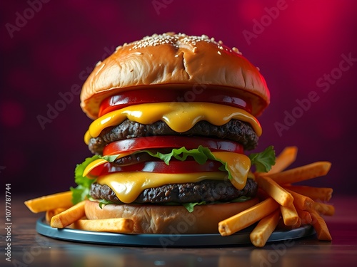 Hamburger and French fries on the dish and clean table.