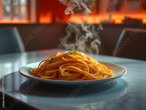 Spicy Spaghetti food on the dish and clean table.