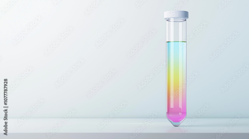 Rainbow Lab: A single test tube filled with vibrant, layered liquid, a spectrum of colors symbolizing scientific exploration and discovery. The minimalist backdrop emphasizes the colorful liquid. Rainbow Lab: A single test tube filled with vibrant, layered liquid, a spectrum of colors symbolizing scientific exploration and discovery. The minimalist backdrop emphasizes the colorful liquid.