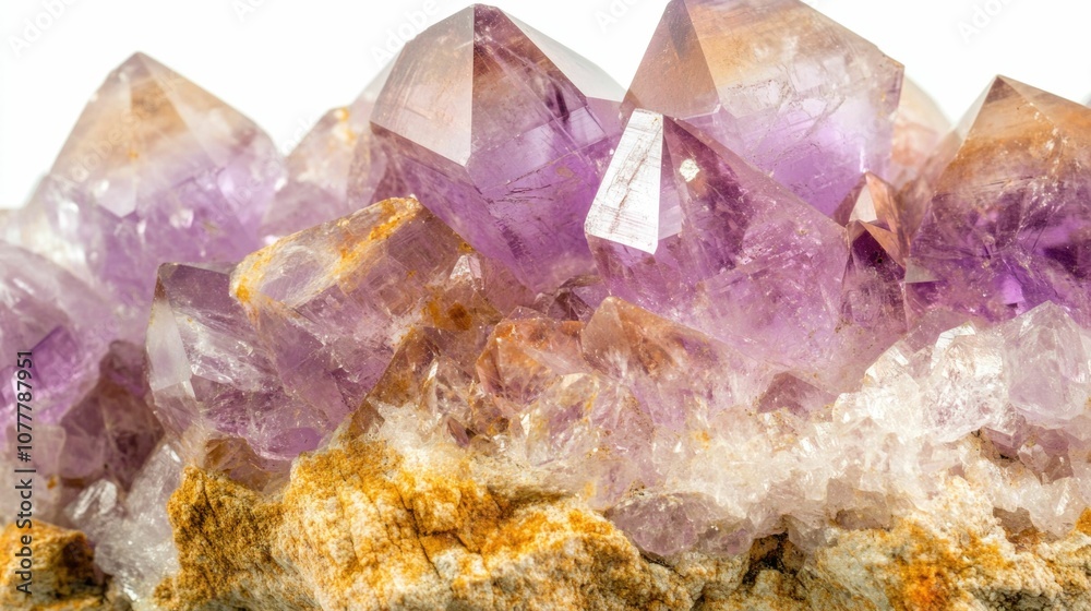 Golden and Purple Amethyst Cluster - Shimmering Gemstone with White Background Golden and Purple Amethyst Cluster - Shimmering Gemstone with White Background