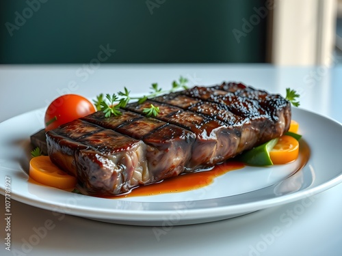 Steak and vegetable on the dish and clean table.