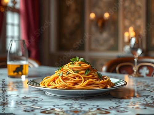 Spicy Spaghetti food on the dish and clean table.