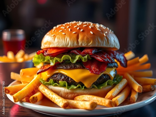 Hamburger and French fries on the dish and clean table.