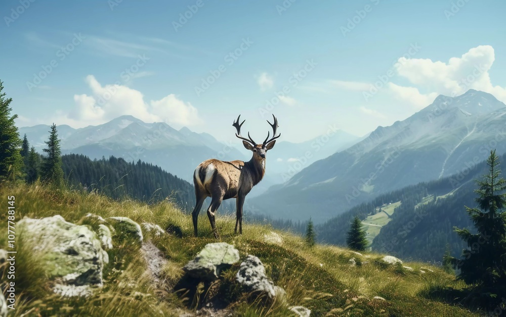 A deer stands majestically on a hillside, surrounded by mountains and lush greenery. A deer stands majestically on a hillside, surrounded by mountains and lush greenery.