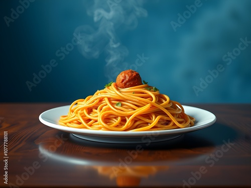 Spicy Spaghetti food on the dish and clean table.