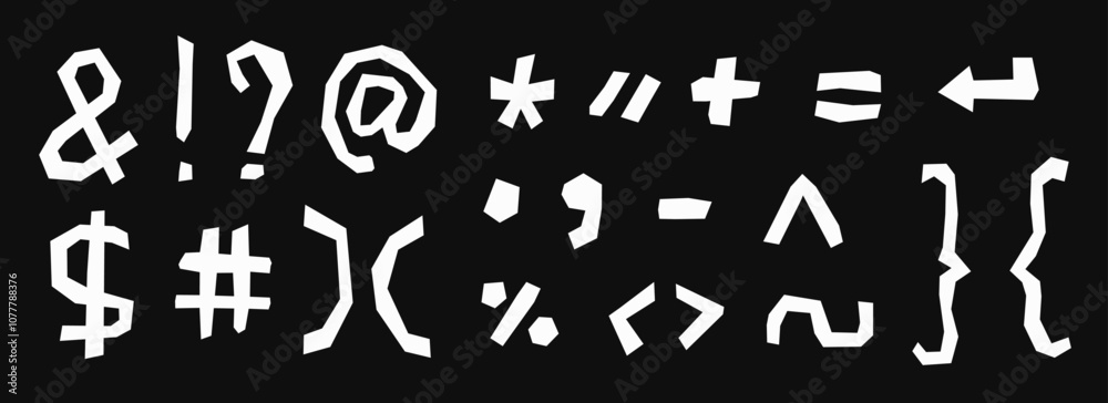 Paper cut out characters and signs collection. Punctuation mark collage set. Kid cut symbols, brackets, elements bundle for decoration, poster, banner, print. Ransom style pack. Vector Paper cut out characters and signs collection. Punctuation mark collage set. Kid cut symbols, brackets, elements bundle for decoration, poster, banner, print. Ransom style pack. Vector