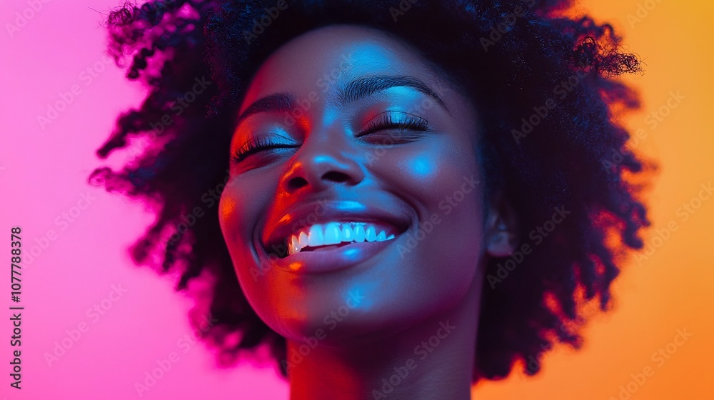 Fototapeta premium Close up portrait of a person s face their expression filled with joy satisfaction and a sense of achievement The soft colors in the background complement their positive and radiant demeanor