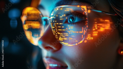 Close up of a happy enthusiastic person s face participating in a video call with the digital screen reflecting the conversation and virtual interaction