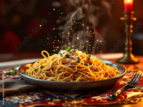 Spicy Spaghetti food on the dish and clean table.