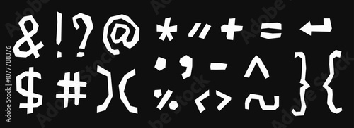 Paper cut out characters and signs collection. Punctuation mark collage set. Kid cut symbols, brackets, elements bundle for decoration, poster, banner, print. Ransom style pack. Vector