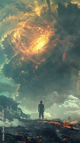 Man Facing the Apocalyptic Fire: A Surreal Artwork