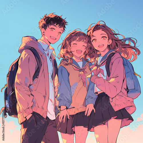 制服姿の男女グループ