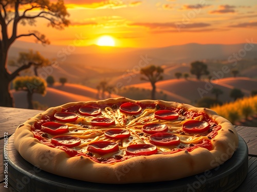 Pizza Pepperoni and Cheese on the dish and clean table.