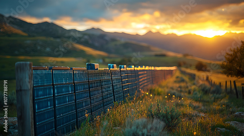 A picturesque view of advanced lithium ion battery cells lined up under a stunning sunset in a natural landscape, showcasing renewable energy technology. photo