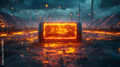 Close up view of an advanced lithium ion battery cell showcasing its intricate design and glowing elements, representing energy efficiency and innovation in technology. photo