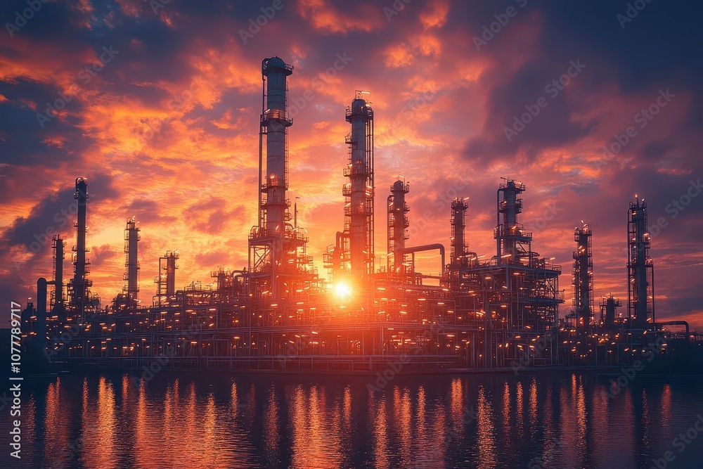 Fototapeta premium an oil refinery silhouetted against a breathtaking sunset with intricate pipes weaving through the scene highlighting industrial beauty in a fiery sky