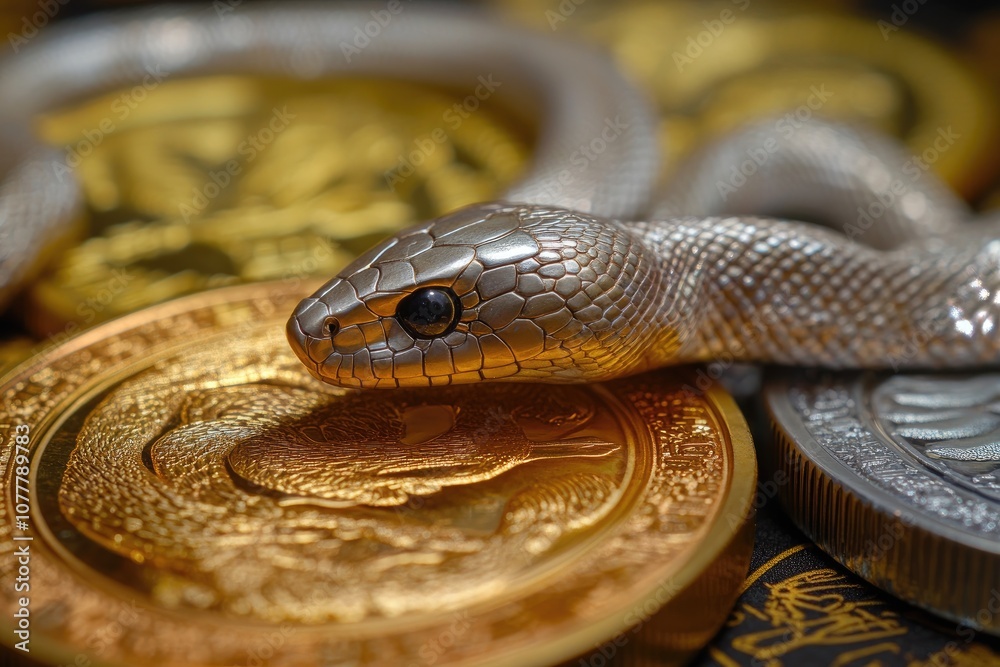 Obraz premium A Silver Snake Coiled Around Gold Coins