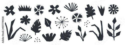 Cut out organic paper elements collection. Black abstract floral collage shape set. Nursery plants, flowers, leaves bundle for decoration, poster, banner, print. Children illustration pack. Vector