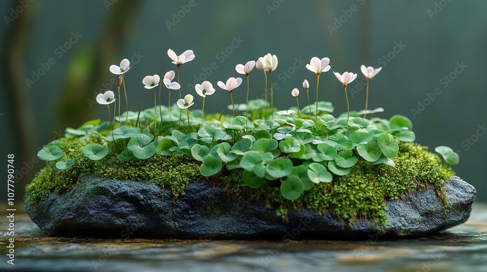 Miniature Garden with Delicate Flowers and Green Moss - Bonsai Style Miniature Garden with Delicate Flowers and Green Moss - Bonsai Style