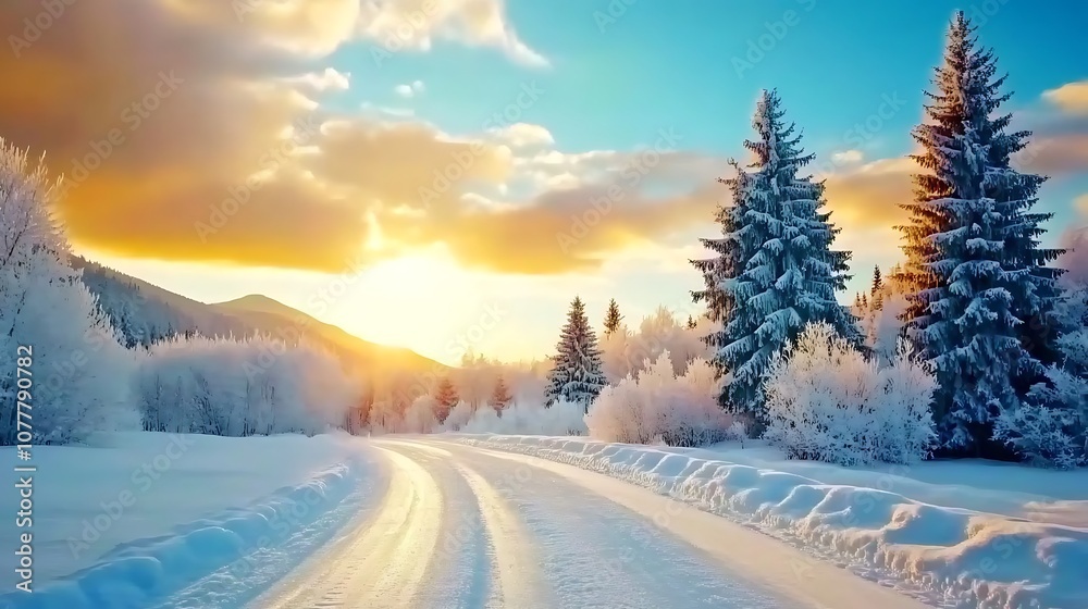 Snowy Road Winding Through a Winter Forest at Sunset Snowy Road Winding Through a Winter Forest at Sunset