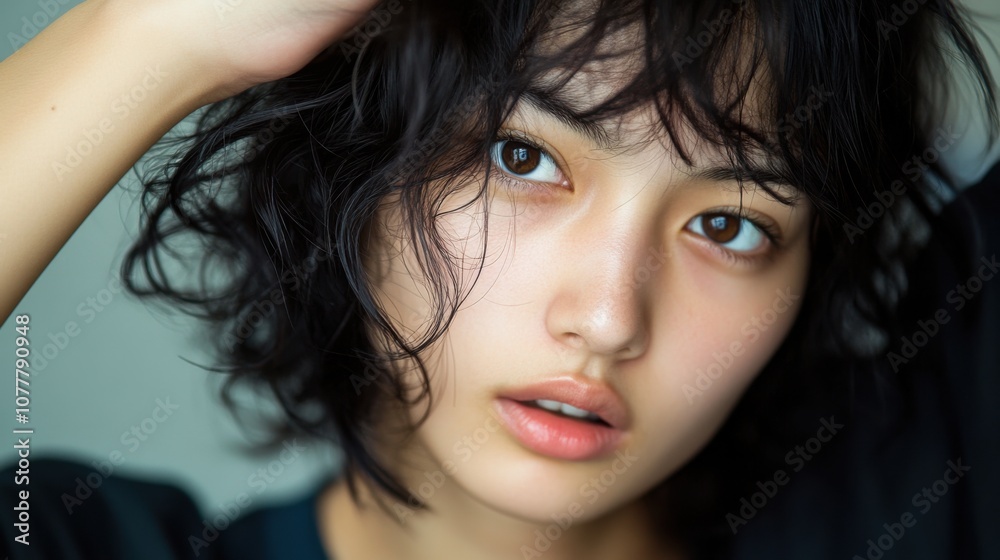 スタジオで髪の毛を気にする日本人女性 スタジオで髪の毛を気にする日本人女性