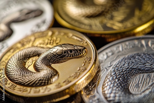 Close-up of a Gold Coin Featuring a Snake Design photo