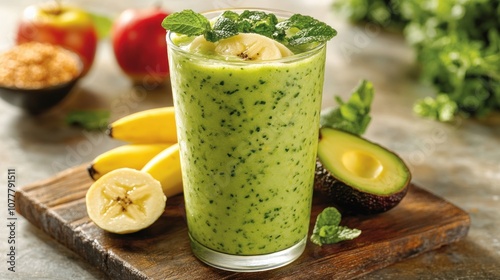 Green smoothie with banana, avocado, and mint.