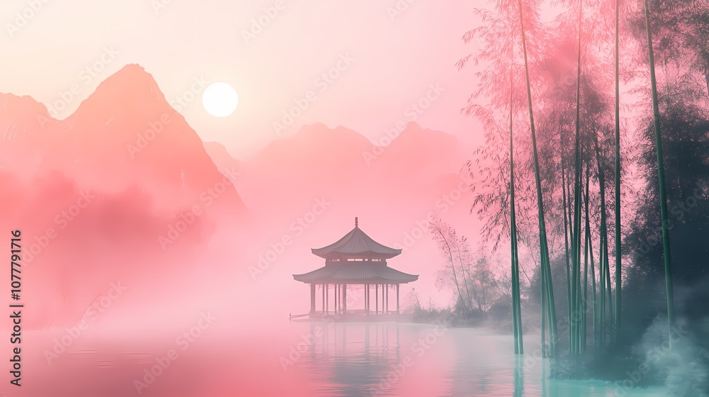 Fototapeta premium Traditional mountain courtyard landscape illustration poster background 