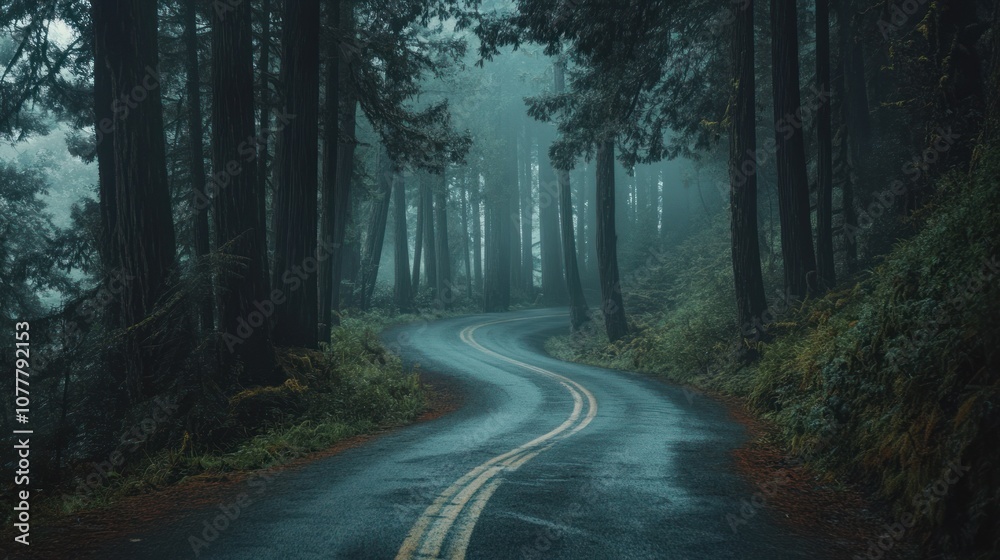 Fototapeta premium Winding Road through Foggy Forest