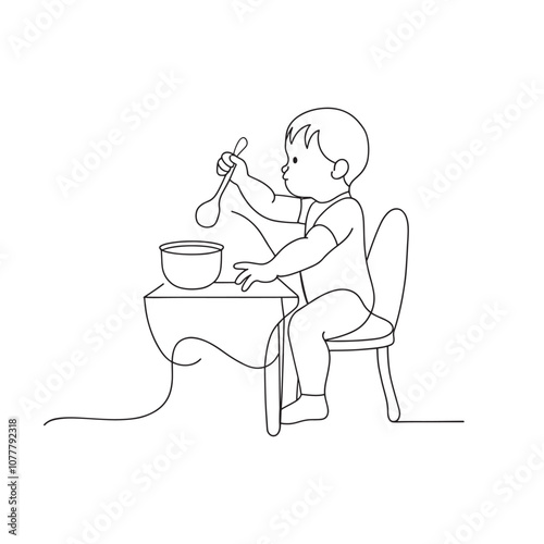  Baby sitting in a high chair, eagerly reaching for a bowl of food placed in front of them doodle line art flat vector illustration