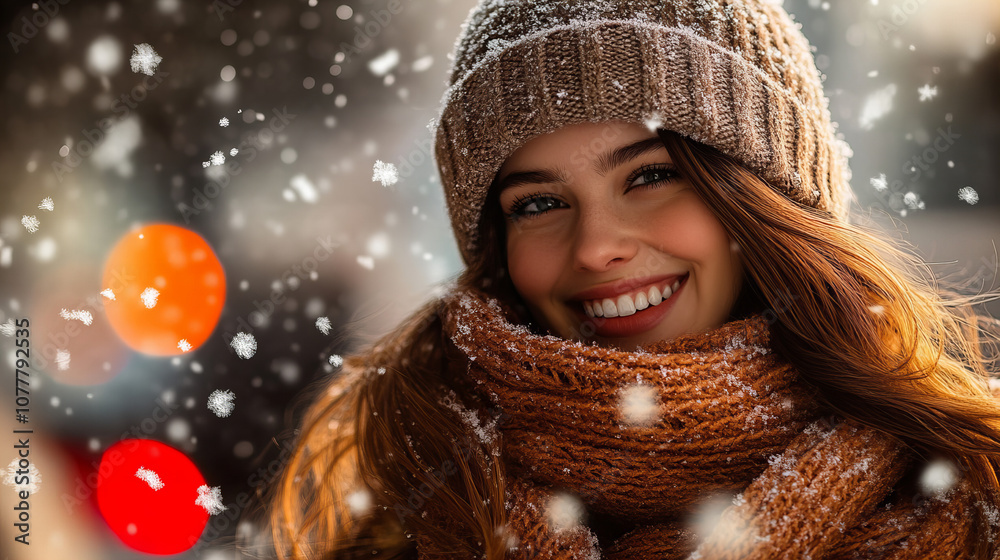 Smiling young woman wearing a cozy hat and scarf enjoys a snowy day in the city during winter Smiling young woman wearing a cozy hat and scarf enjoys a snowy day in the city during winter