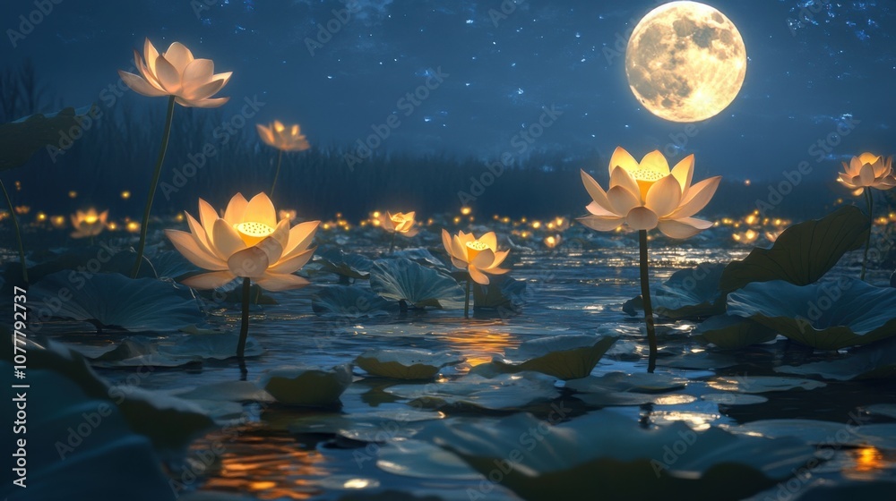 Moonlit Lotus River: A Dramatic 8K Realism Moonlit Lotus River: A Dramatic 8K Realism